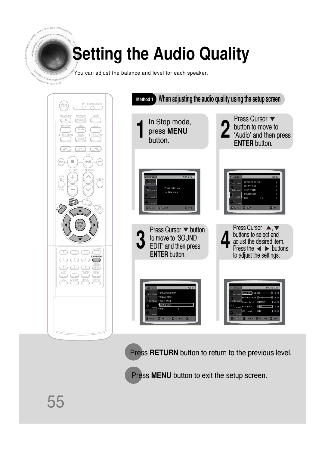 Samsung 20051111103302296 instruction manual Setting the Audio Quality, Stop mode Press Cursor 