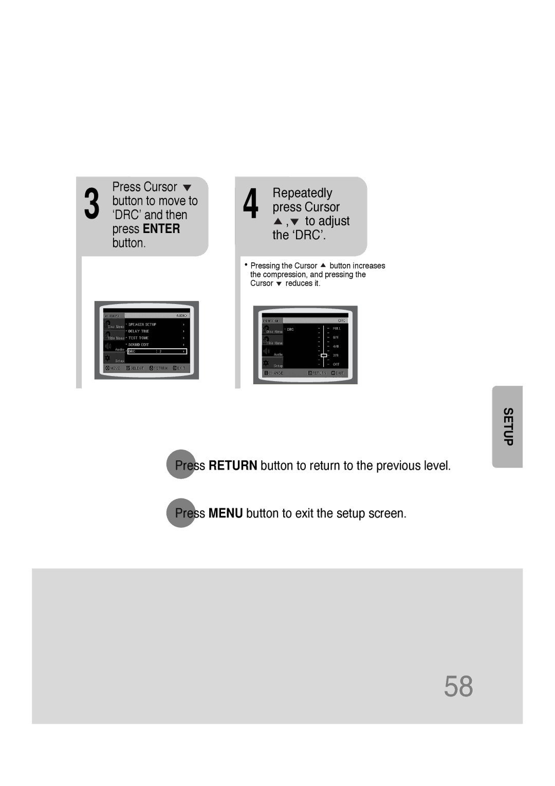 Samsung 20051111103302296 instruction manual Repeatedly press Cursor , to adjust the ‘DRC’ 