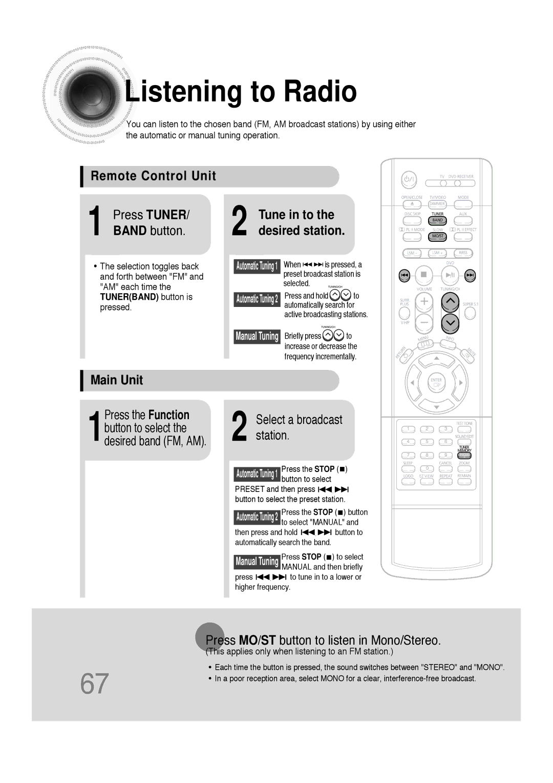Samsung 20051111103302296 instruction manual Listening to Radio, Remote Control Unit Press Tuner, Band button, Main Unit 