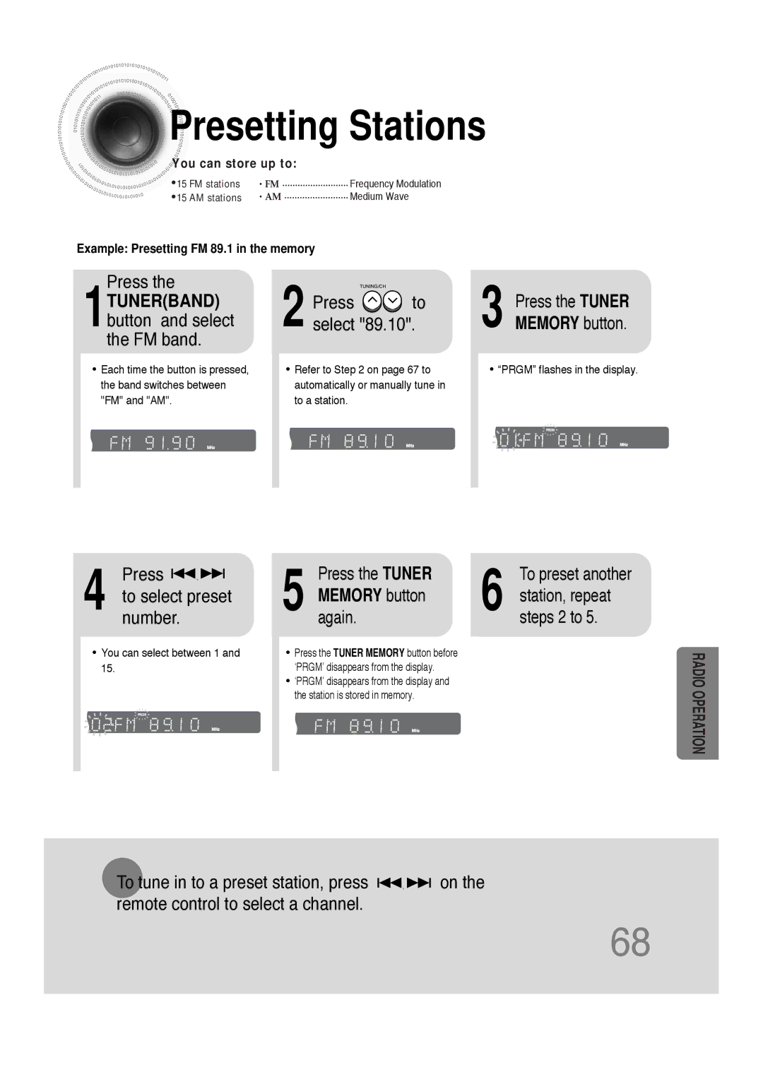 Samsung 20051111103302296 instruction manual Presetting Stations, You can store up to 