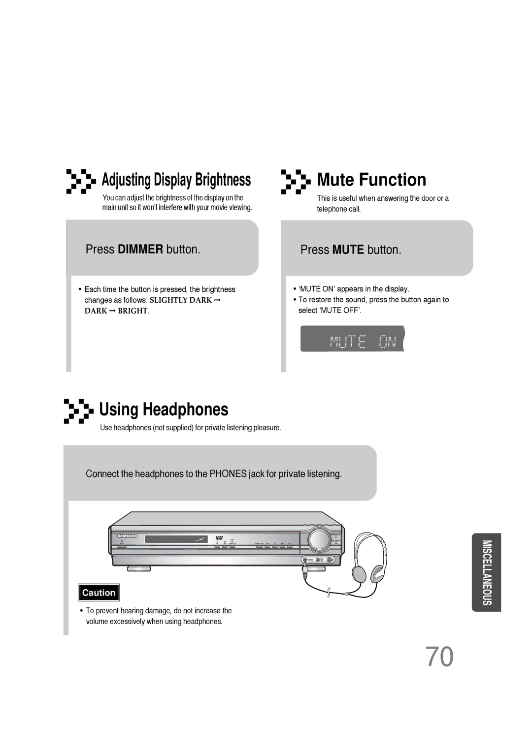 Samsung 20051111103302296 instruction manual Press Dimmer button, Press Mute button 