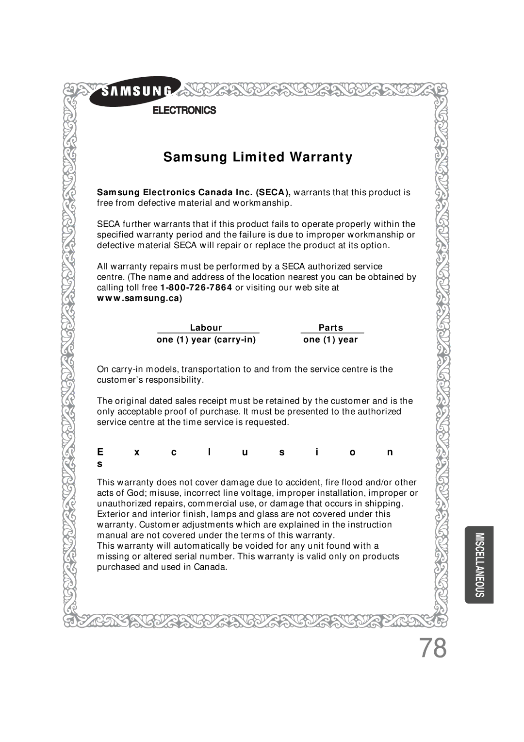 Samsung 20051111103302296 instruction manual Samsung Limited Warranty 