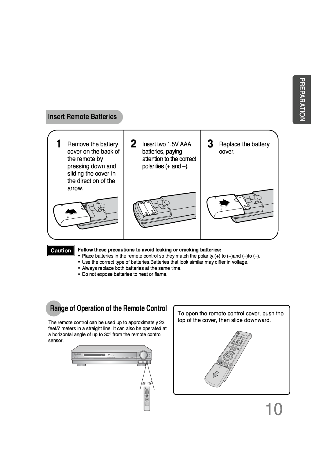 Samsung 20051111103302296 instruction manual Insert Remote Batteries, Preparation, Range of Operation of the Remote Control 