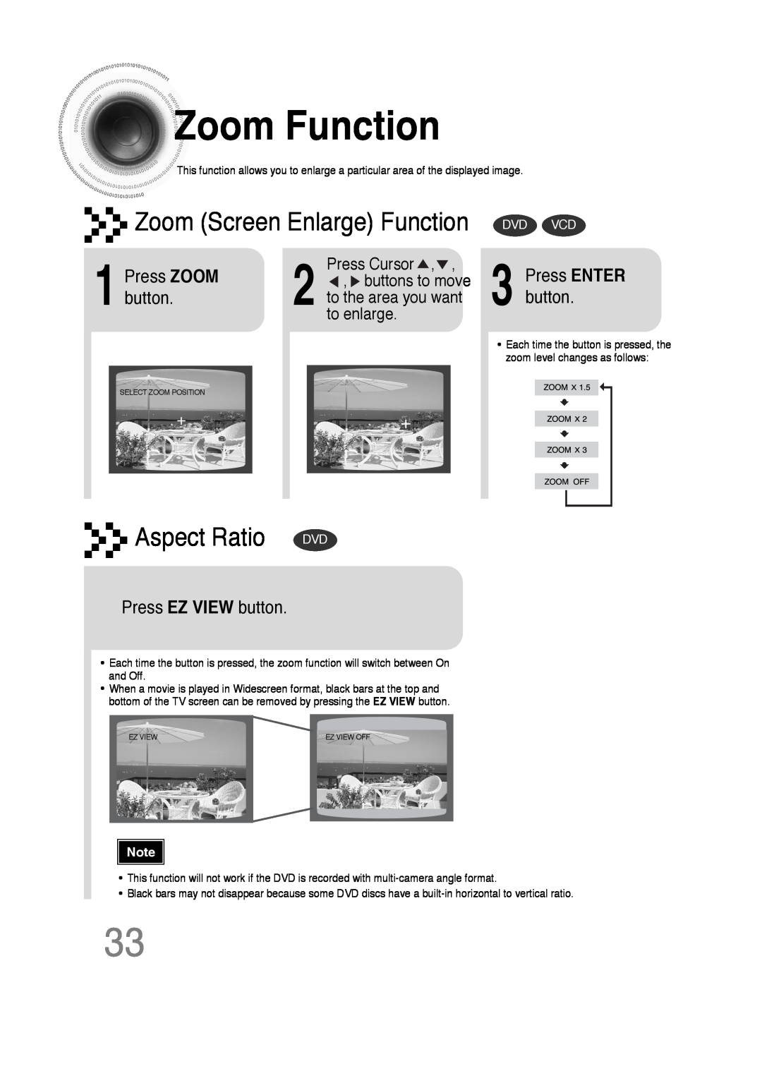 Samsung 20051111103302296 ZoomFunction, Zoom Screen Enlarge Function DVD VCD, Press ZOOM, Press EZ VIEW button 