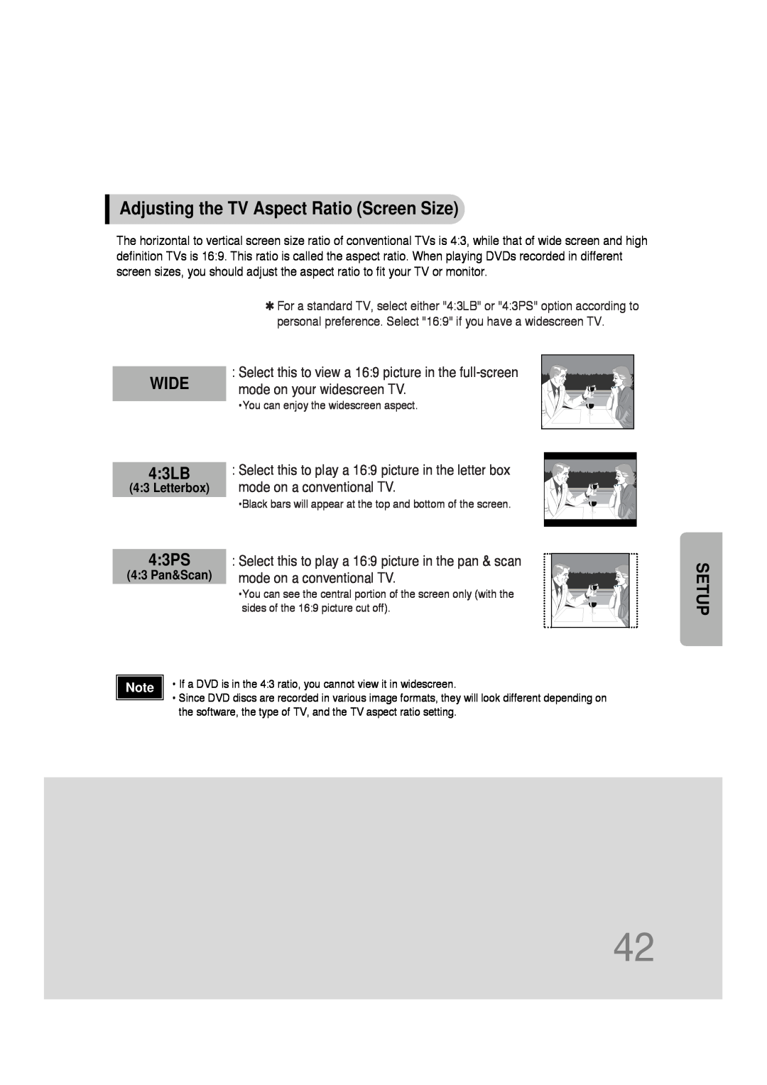 Samsung 20051111103302296 instruction manual Adjusting the TV Aspect Ratio Screen Size, WIDE 4:3LB, 4:3PS, Setup 