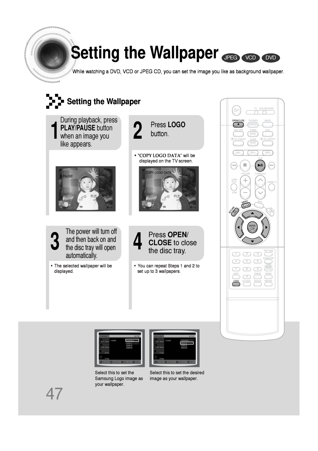 Samsung 20051111103302296 Settingthe Wallpaper JPEG VCD DVD, Setting the Wallpaper, During playback, press, button 