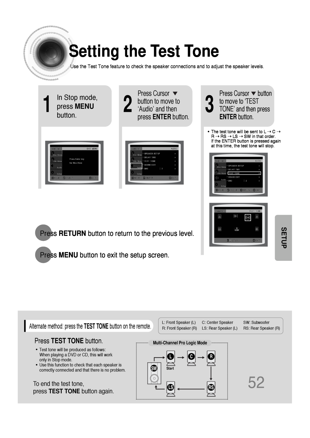 Samsung 20051111103302296 instruction manual Settingthe Test Tone 