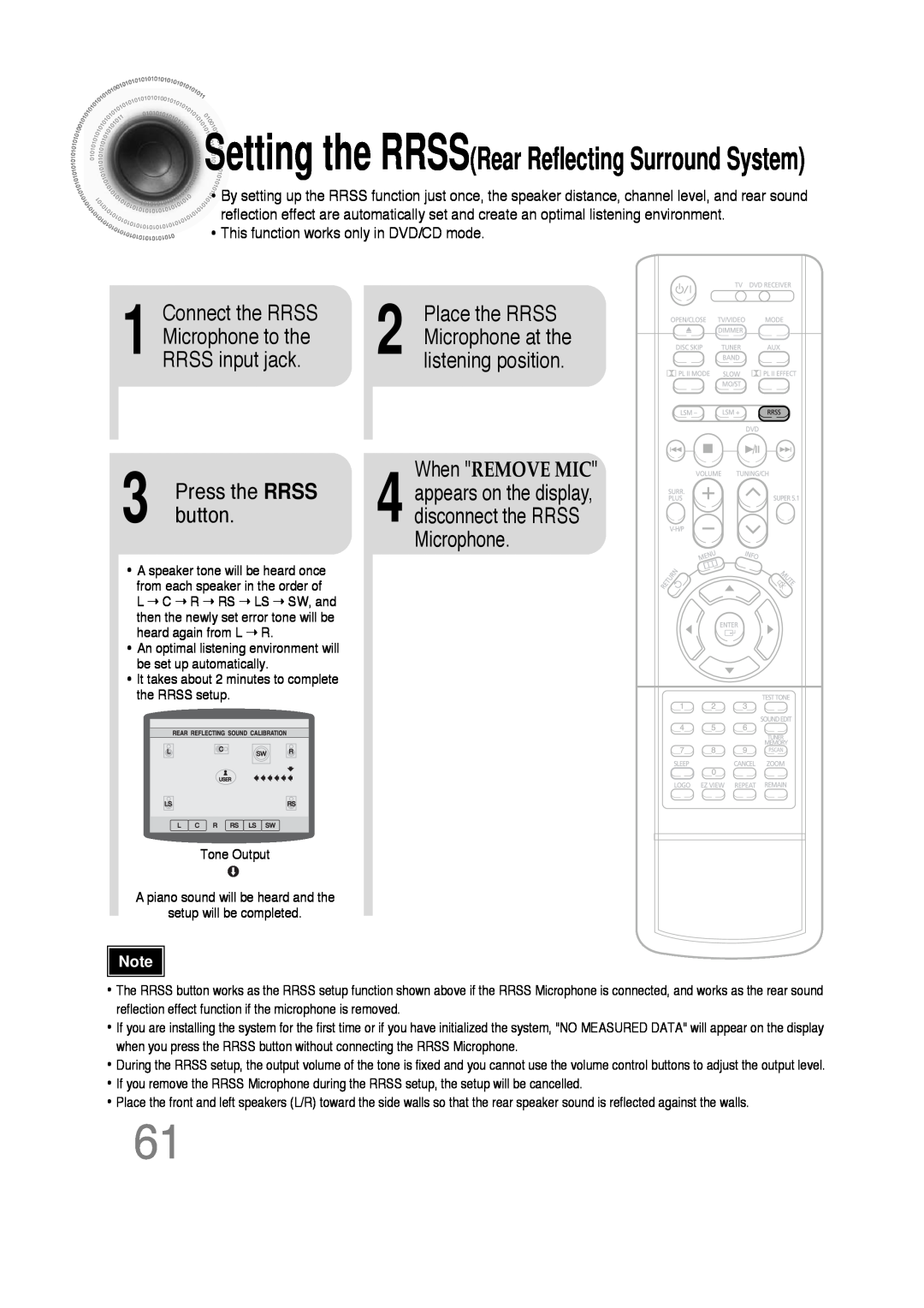 Samsung 20051111103302296 instruction manual Settingthe RRSSRear Reflecting Surround System, button, When REMOVE MIC 