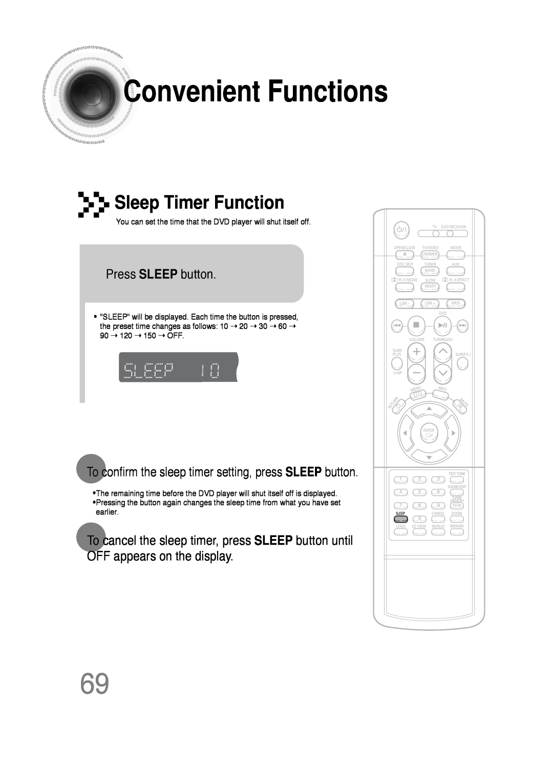 Samsung 20051111103302296 ConvenientFunctions, Sleep Timer Function, Press SLEEP button, OFF appears on the display 