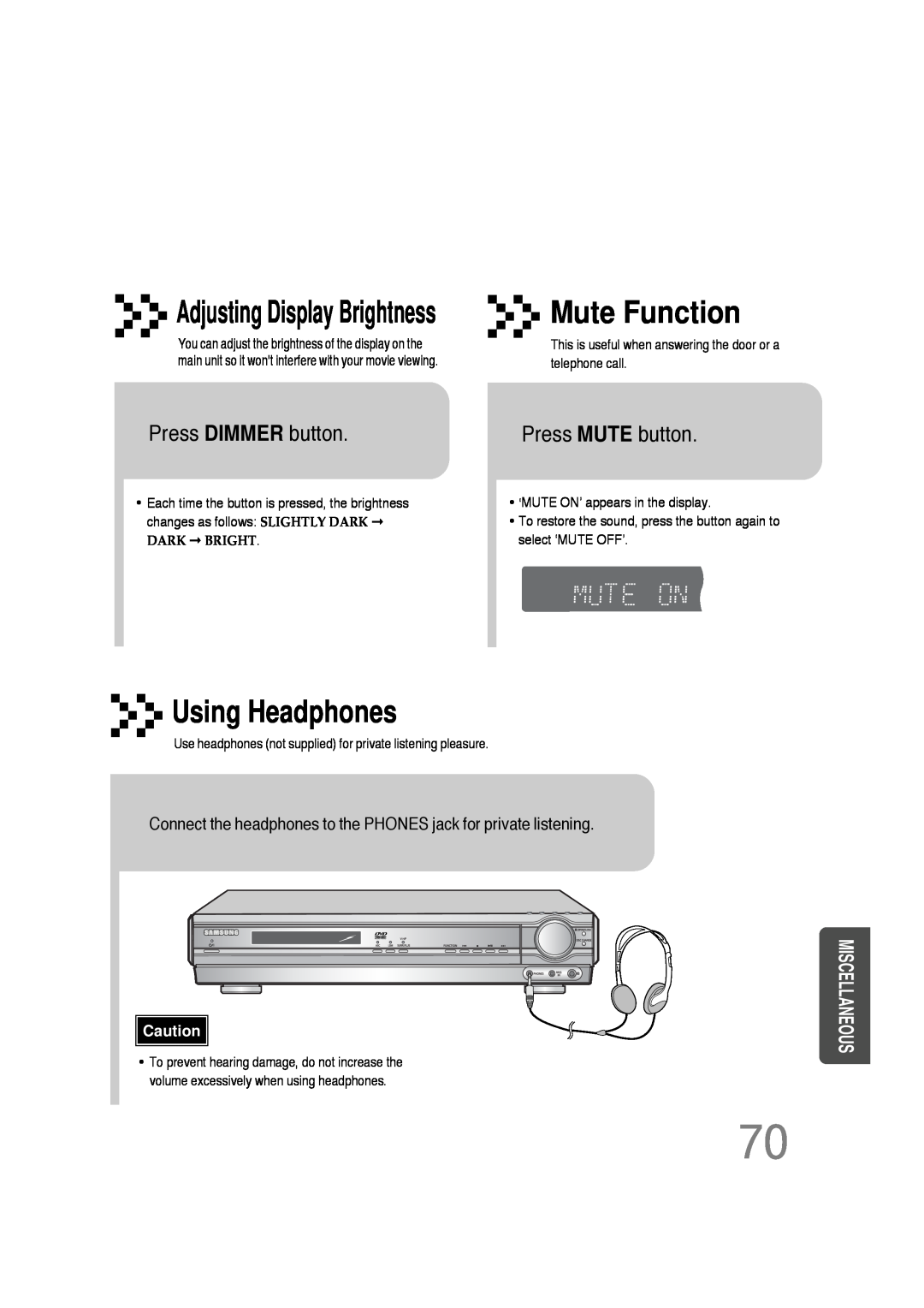 Samsung 20051111103302296 Mute Function, Using Headphones, Press DIMMER button, Press MUTE button, Dark Bright 
