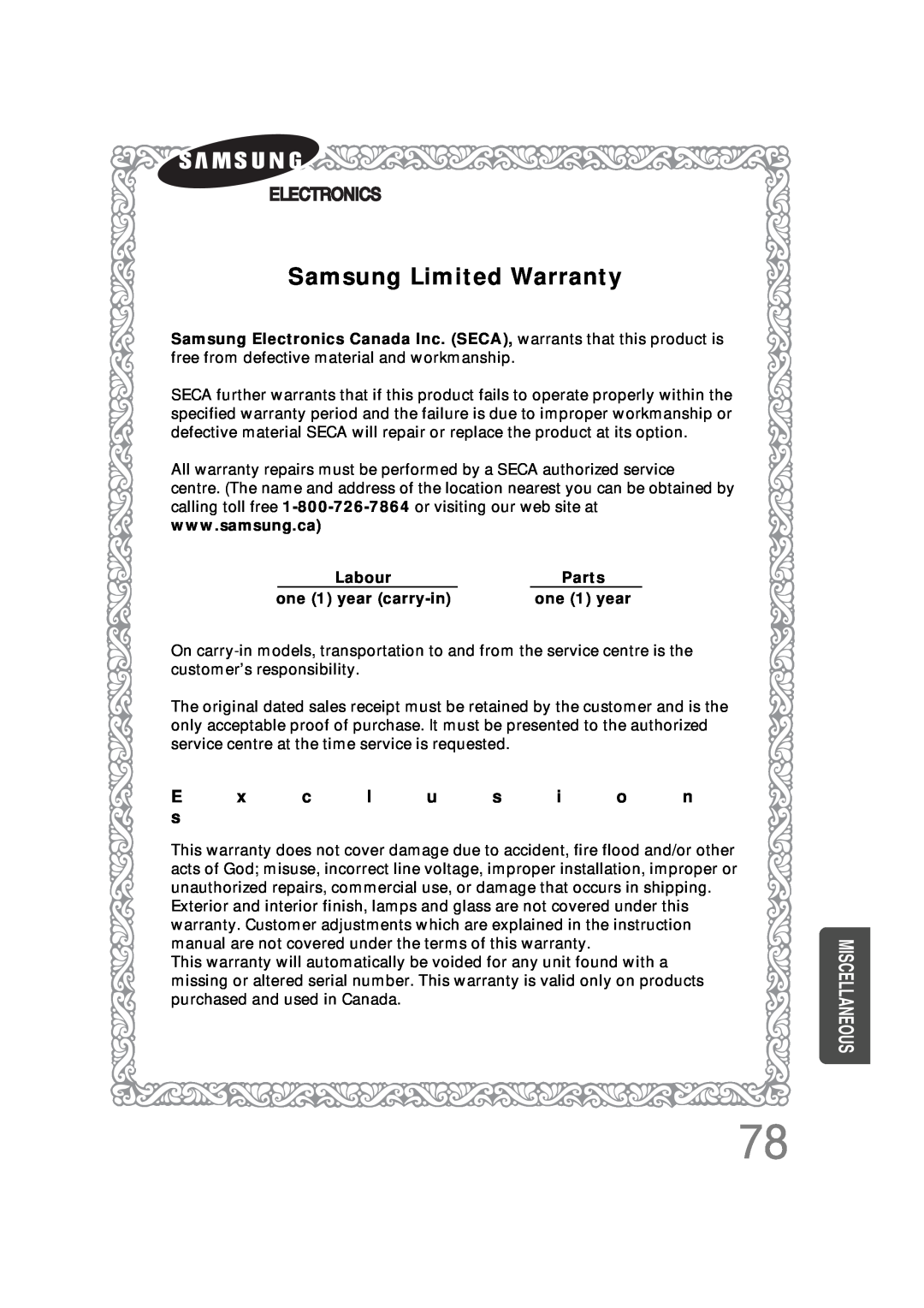 Samsung 20051111103302296 instruction manual Samsung Limited Warranty 