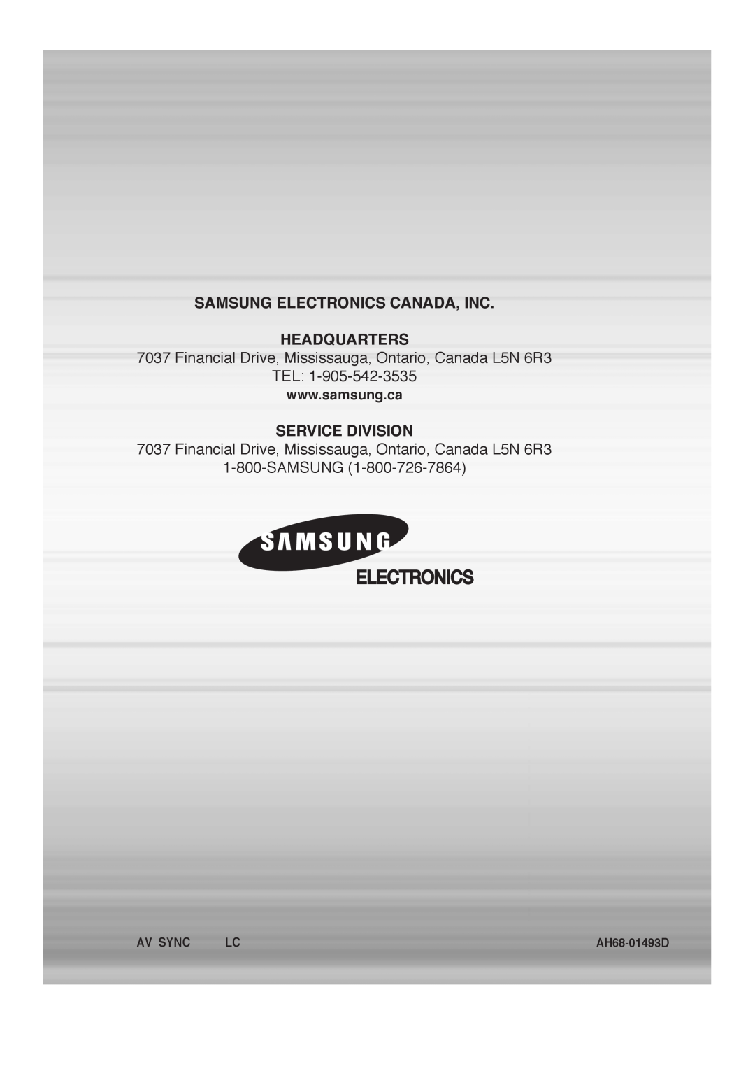Samsung 20051111103302296 Samsung Electronics Canada, Inc Headquarters, Tel, Service Division, AH68-01493D 