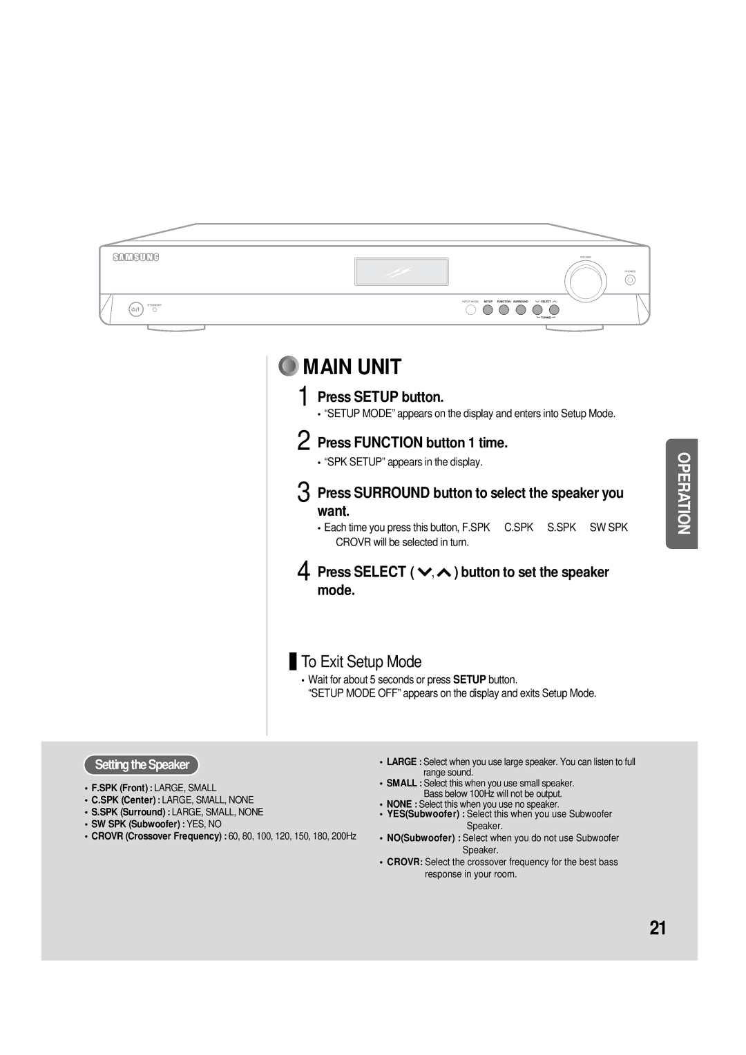 Samsung AH68-01853S Press Setup button, Press Function button 1 time, Press Surround button to select the speaker you want 