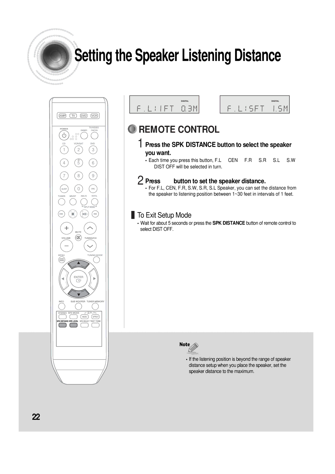 Samsung AV-R610 Press the SPK Distance button to select the speaker you want, Press …† button to set the speaker distance 