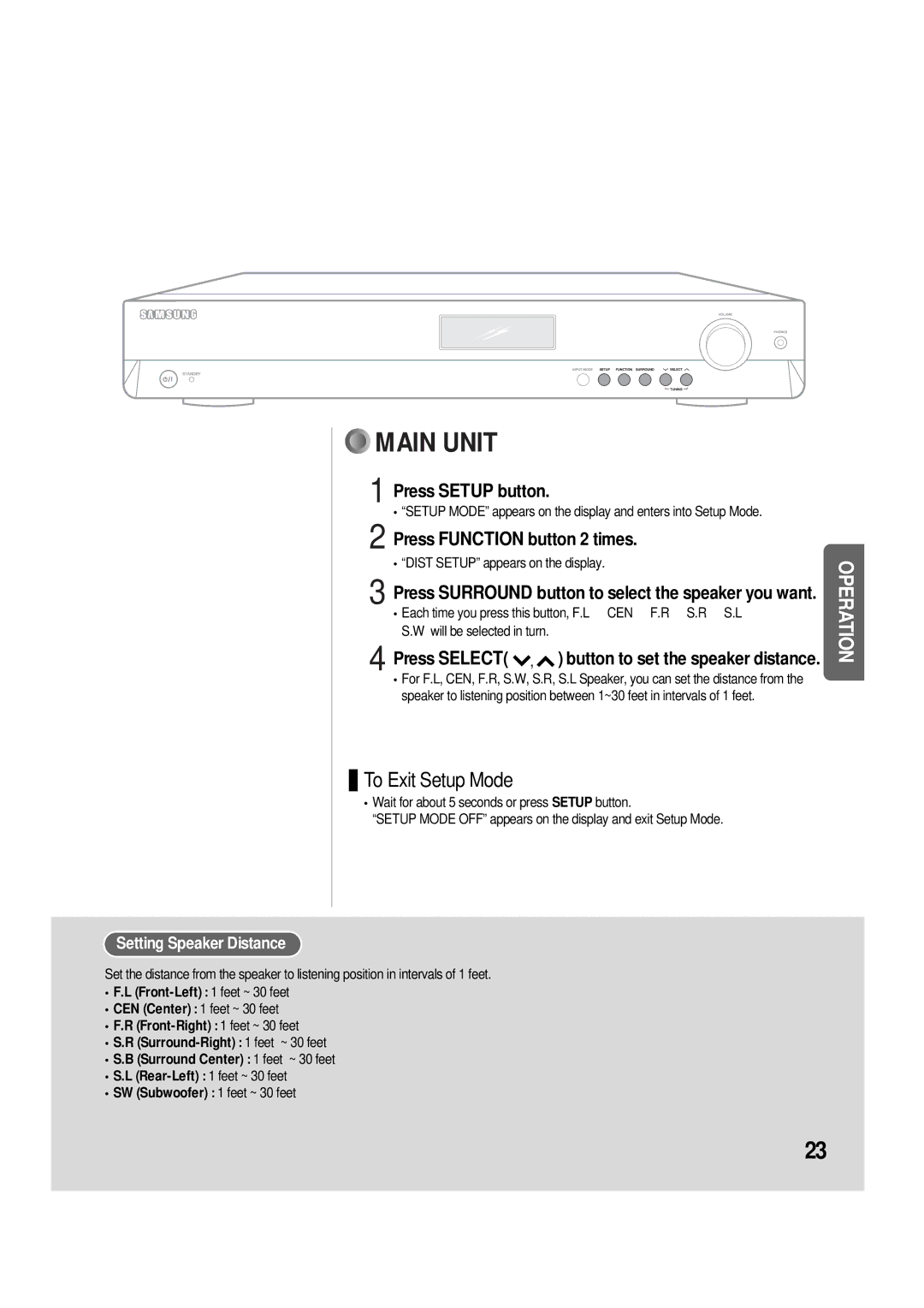 Samsung 20060510083254531, AH68-01853S, AV-R610 manual Press Function button 2 times, Setting Speaker Distance 