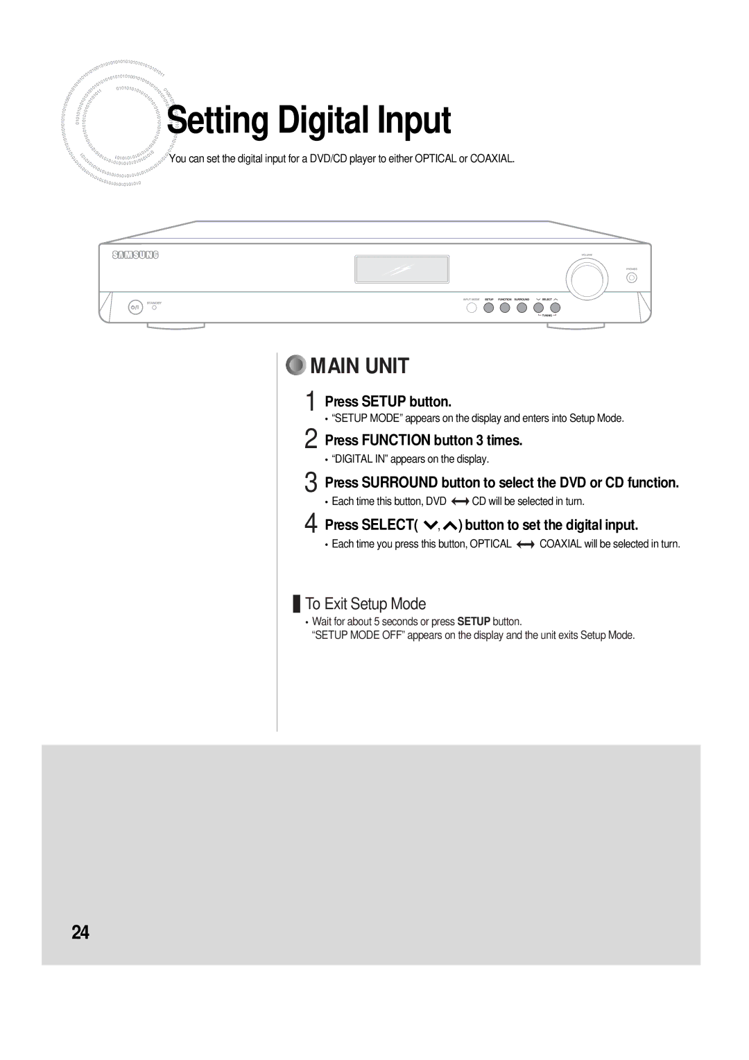 Samsung AH68-01853S Setting Digital Input, Press Function button 3 times, Press Select , button to set the digital input 