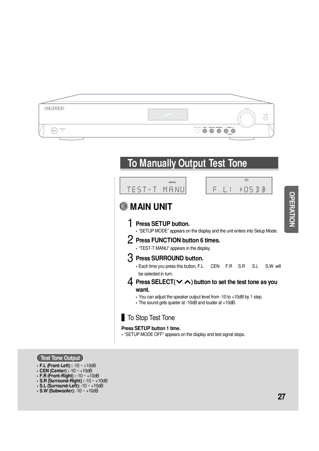 Samsung AH68-01853S, AV-R610 manual Press Function button 6 times, Press Select , button to set the test tone as you want 