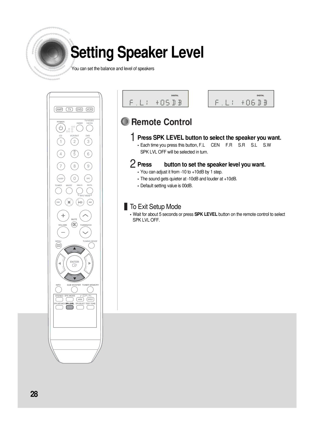 Samsung AV-R610, 20060510083254531, AH68-01853S Setting Speaker Level, Press …† button to set the speaker level you want 