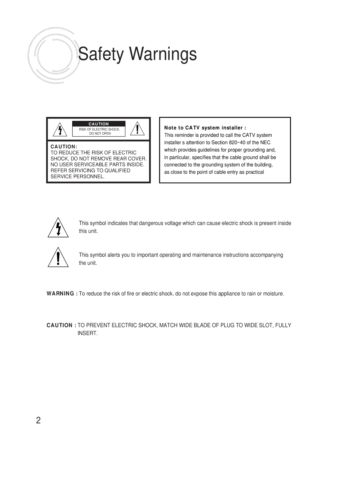 Samsung 20060510083254531, AH68-01853S, AV-R610 manual Safety Warnings 