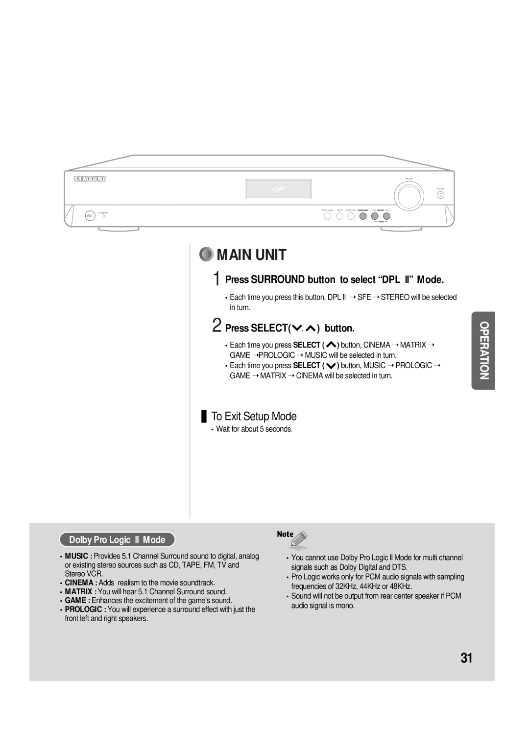 Samsung AV-R610, AH68-01853S Press Surround button to select DPL ll Mode, Press Select , button, Dolby Pro Logic ll Mode 