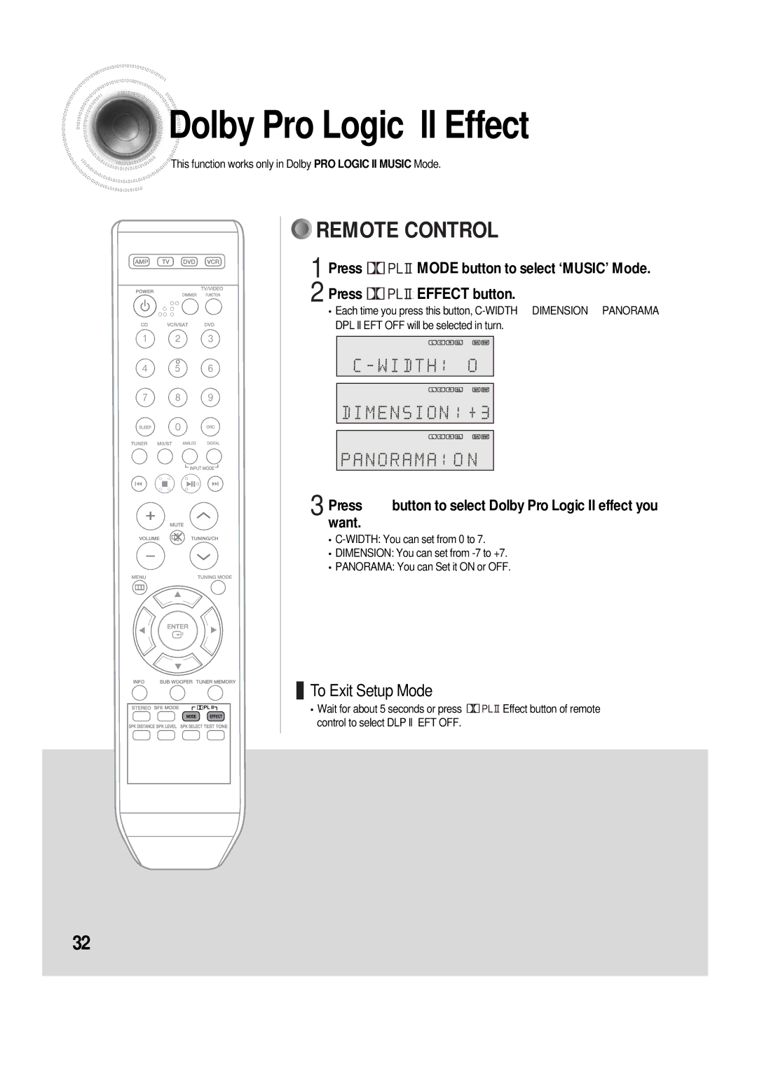 Samsung 20060510083254531, AV-R610 Dolby Pro Logic ll Effect, Press Mode button to select ‘MUSIC’ Mode Press Effect button 