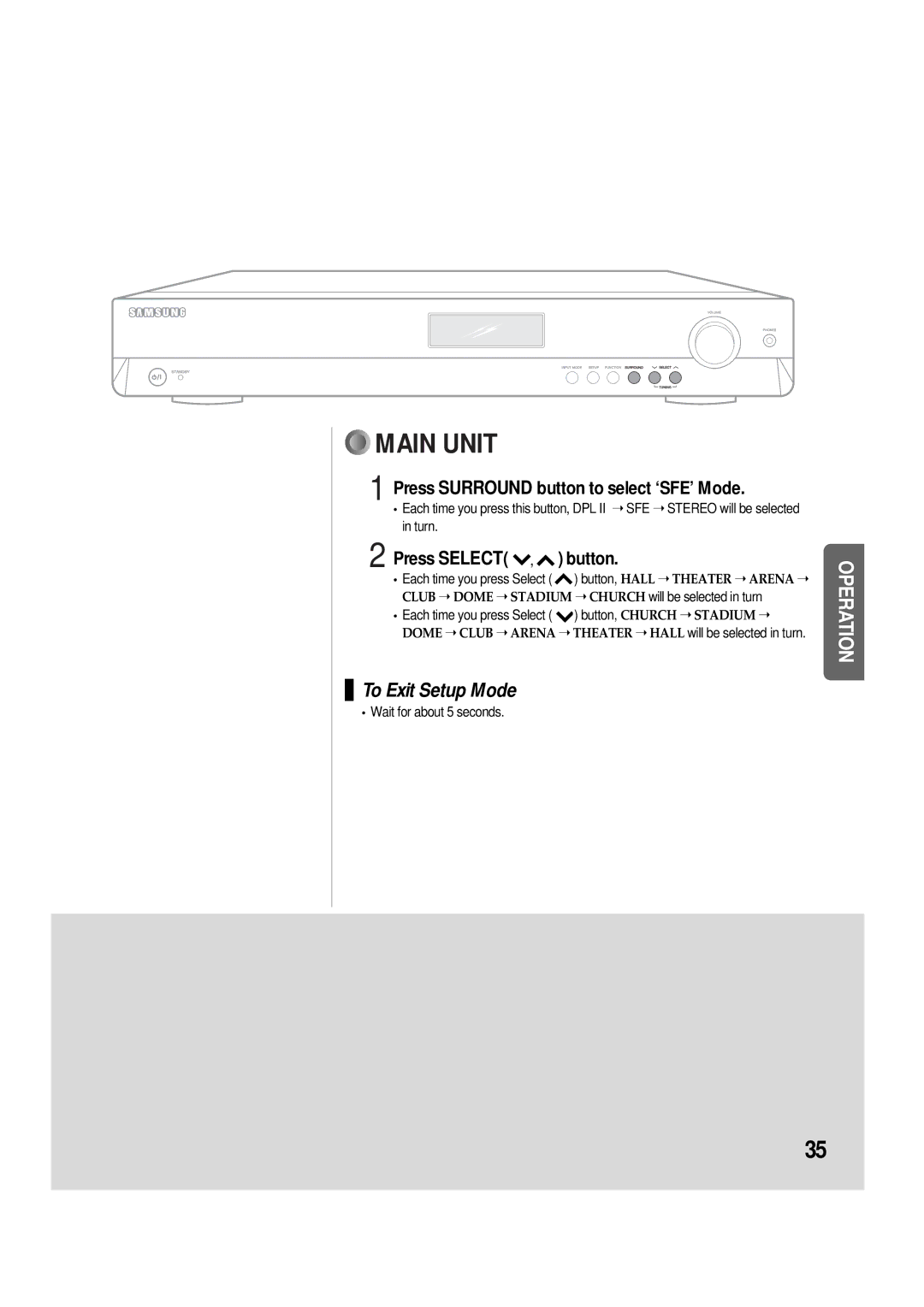 Samsung 20060510083254531, AH68-01853S, AV-R610 manual Press Surround button to select ‘SFE’ Mode, Press Select , button 