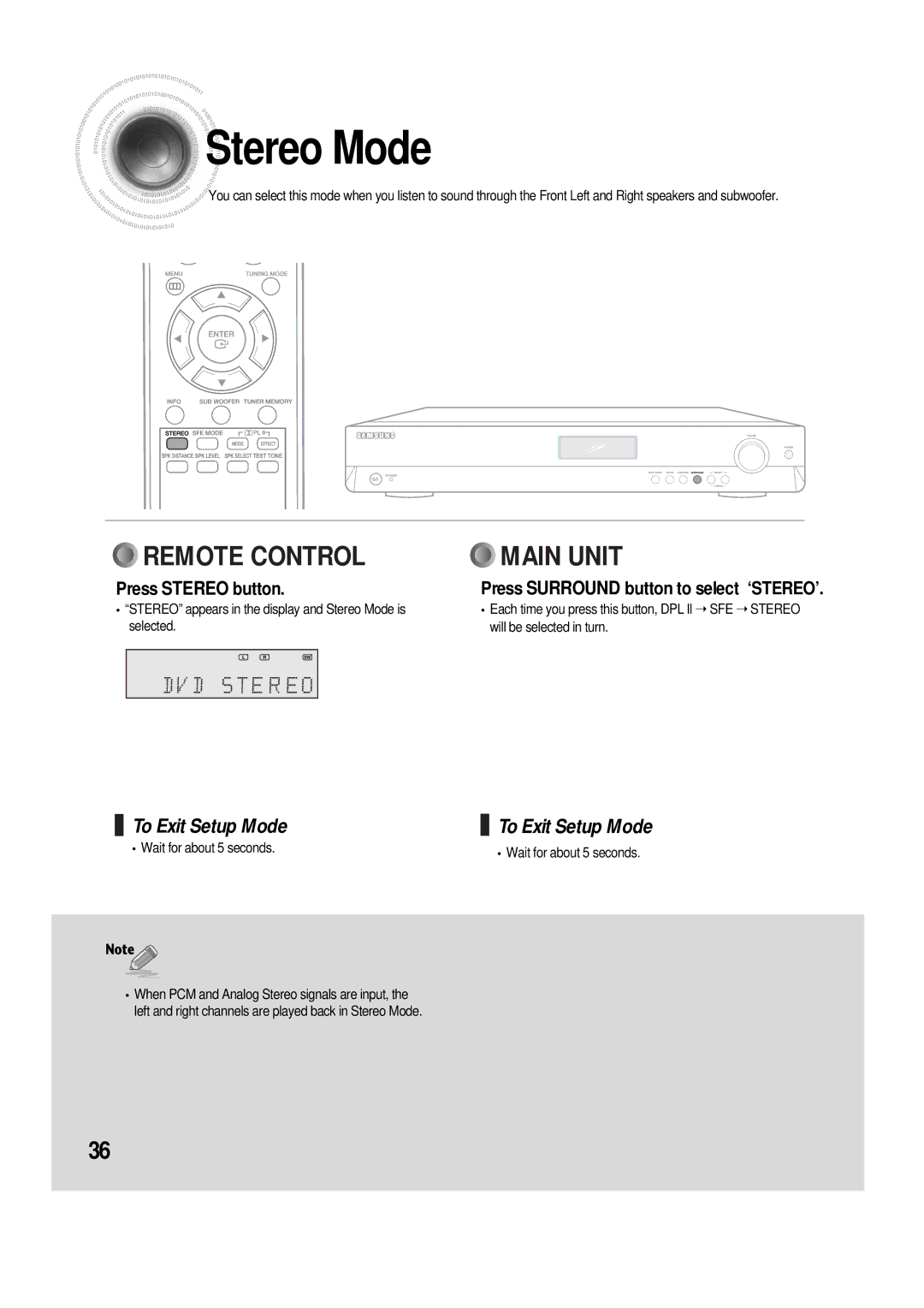 Samsung AH68-01853S, 20060510083254531, AV-R610 Stereo Mode, Press Stereo button, Press Surround button to select ‘STEREO’ 