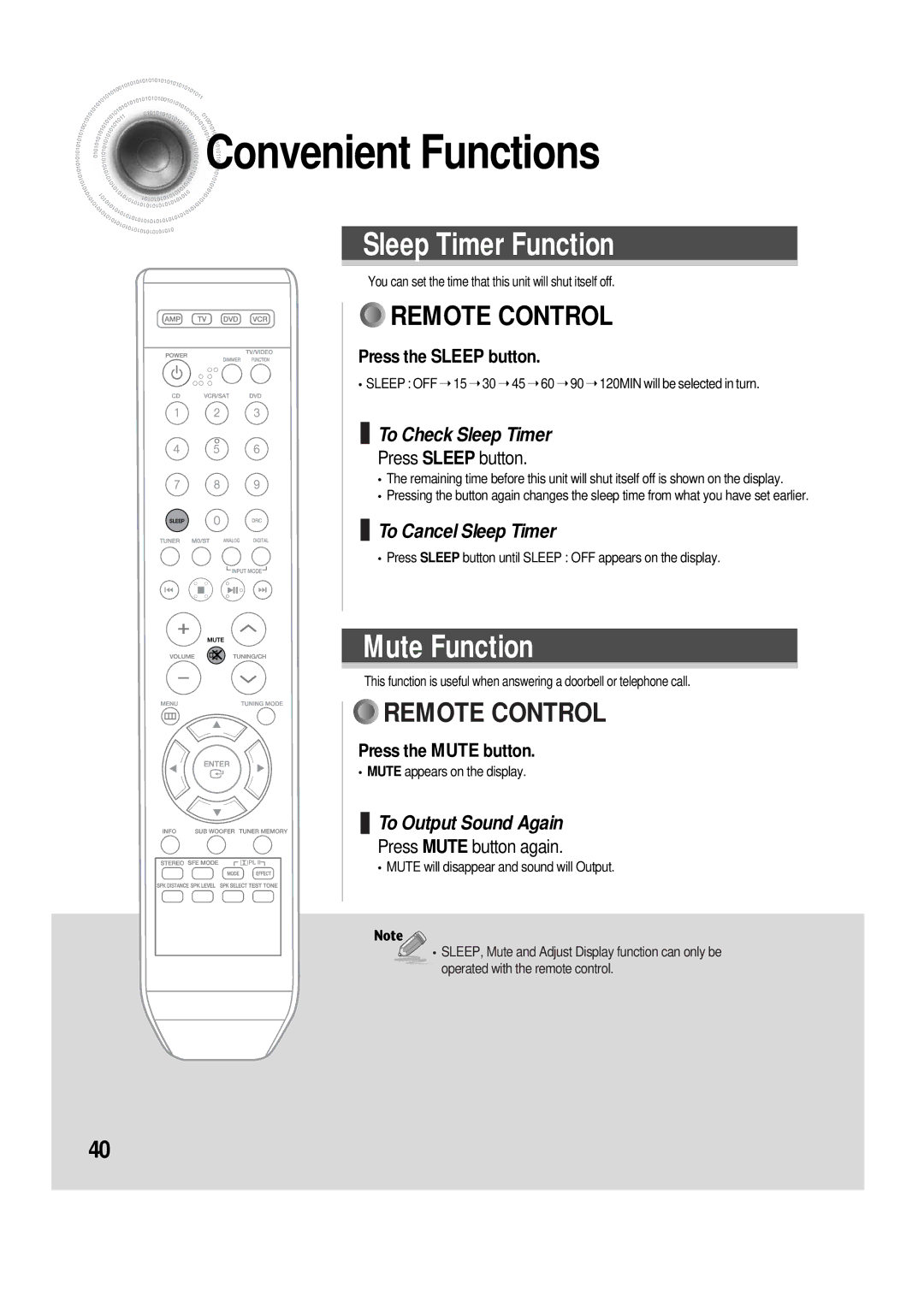 Samsung AV-R610, 20060510083254531, AH68-01853S manual Convenient Functions, Press the Sleep button, Press the Mute button 