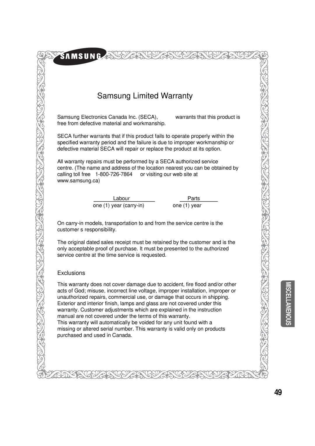 Samsung AV-R610, 20060510083254531, AH68-01853S manual Samsung Limited Warranty 