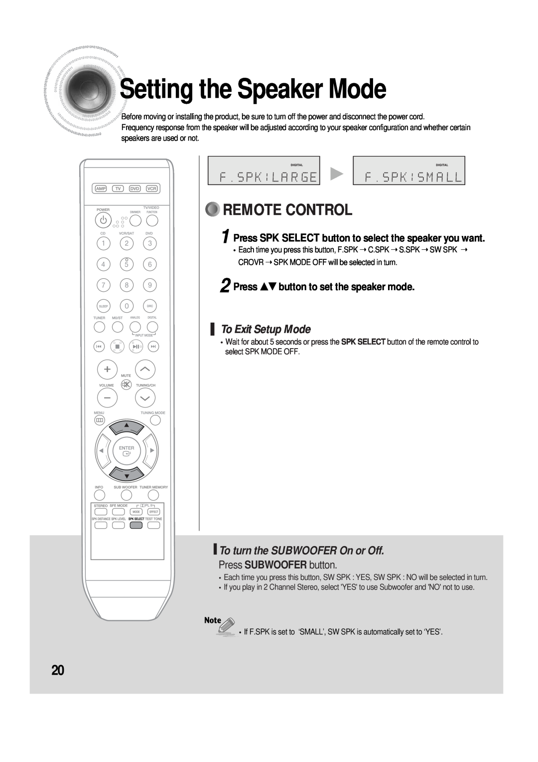 Samsung 20060510083254531 Settingthe Speaker Mode, Remote Control, To Exit Setup Mode, To turn the SUBWOOFER On or Off 