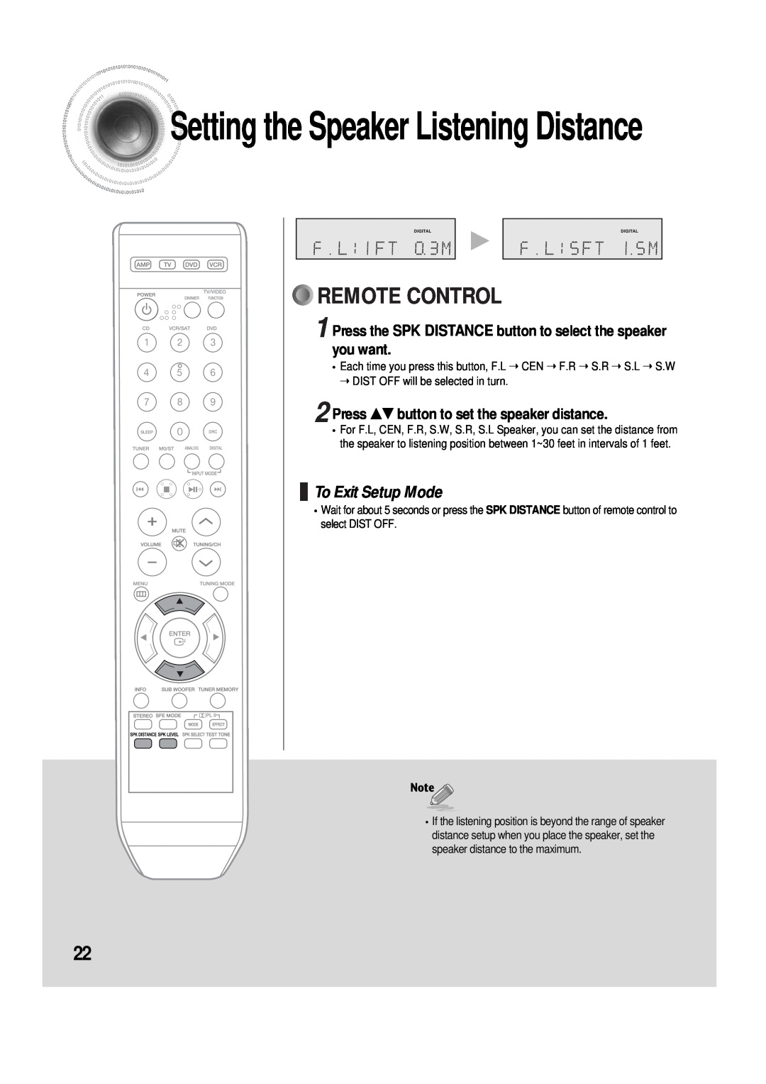 Samsung AV-R610, 20060510083254531, AH68-01853S Settingthe Speaker Listening Distance, Remote Control, To Exit Setup Mode 