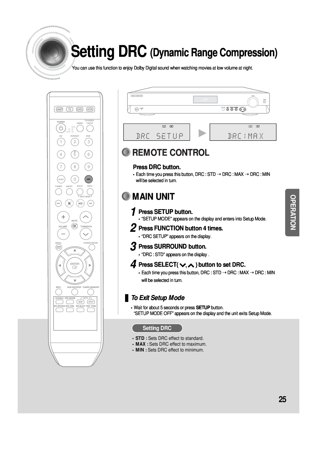 Samsung AV-R610 Remote Control, Main Unit, SettingDRC Dynamic Range Compression, To Exit Setup Mode, Press DRC button 