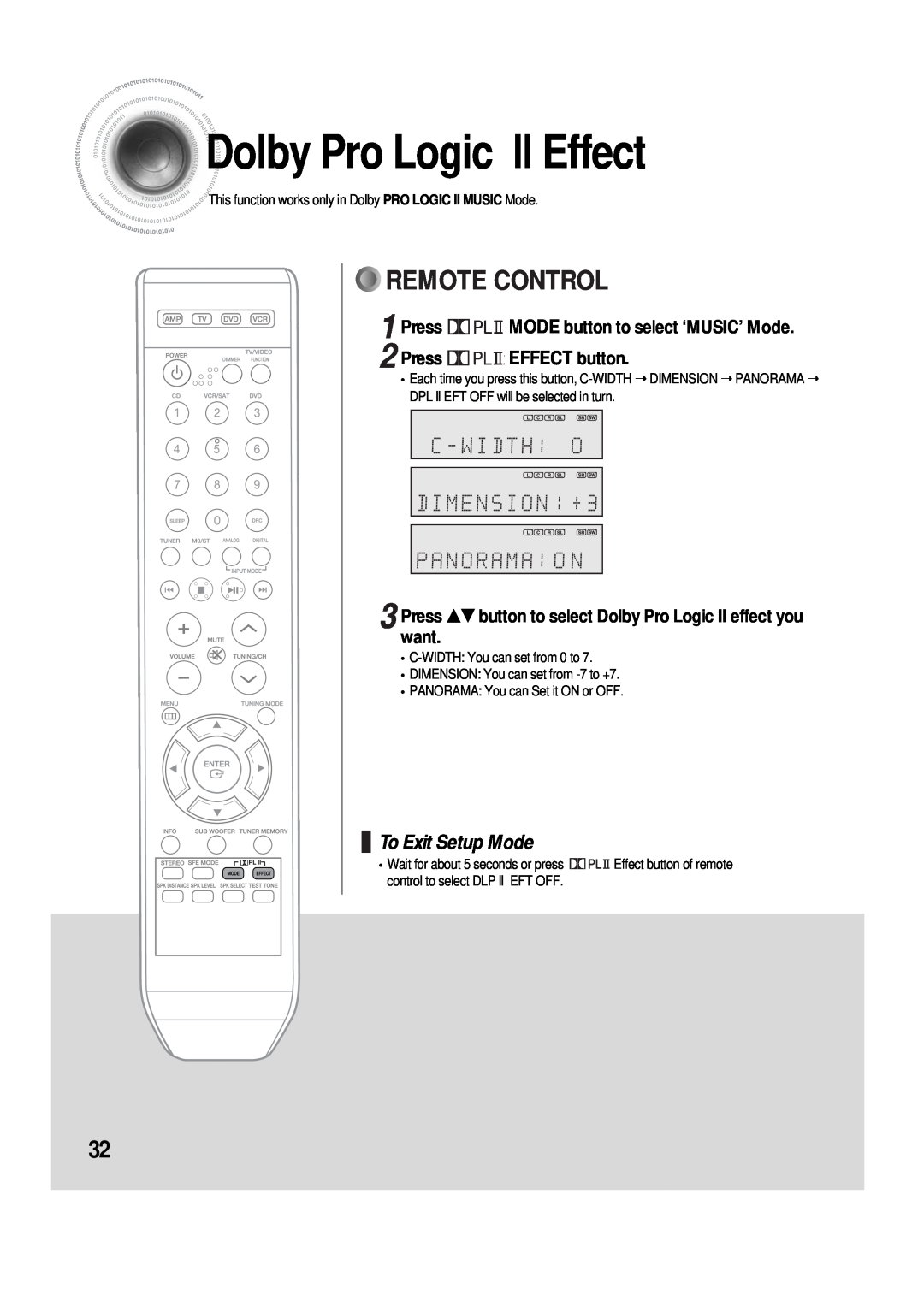 Samsung 20060510083254531, AH68-01853S DolbyPro Logic ll Effect, Remote Control, To Exit Setup Mode, Press EFFECT button 