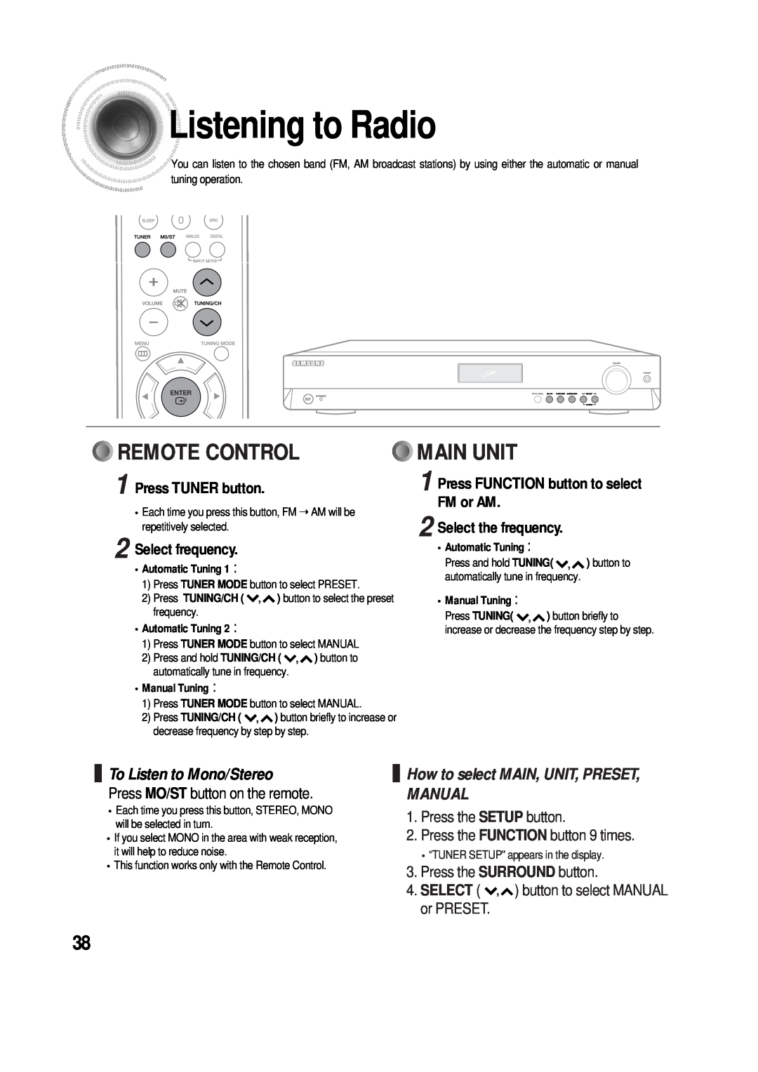 Samsung 20060510083254531 manual Listeningto Radio, Remote Control, Main Unit, To Listen to Mono/Stereo, Press TUNER button 