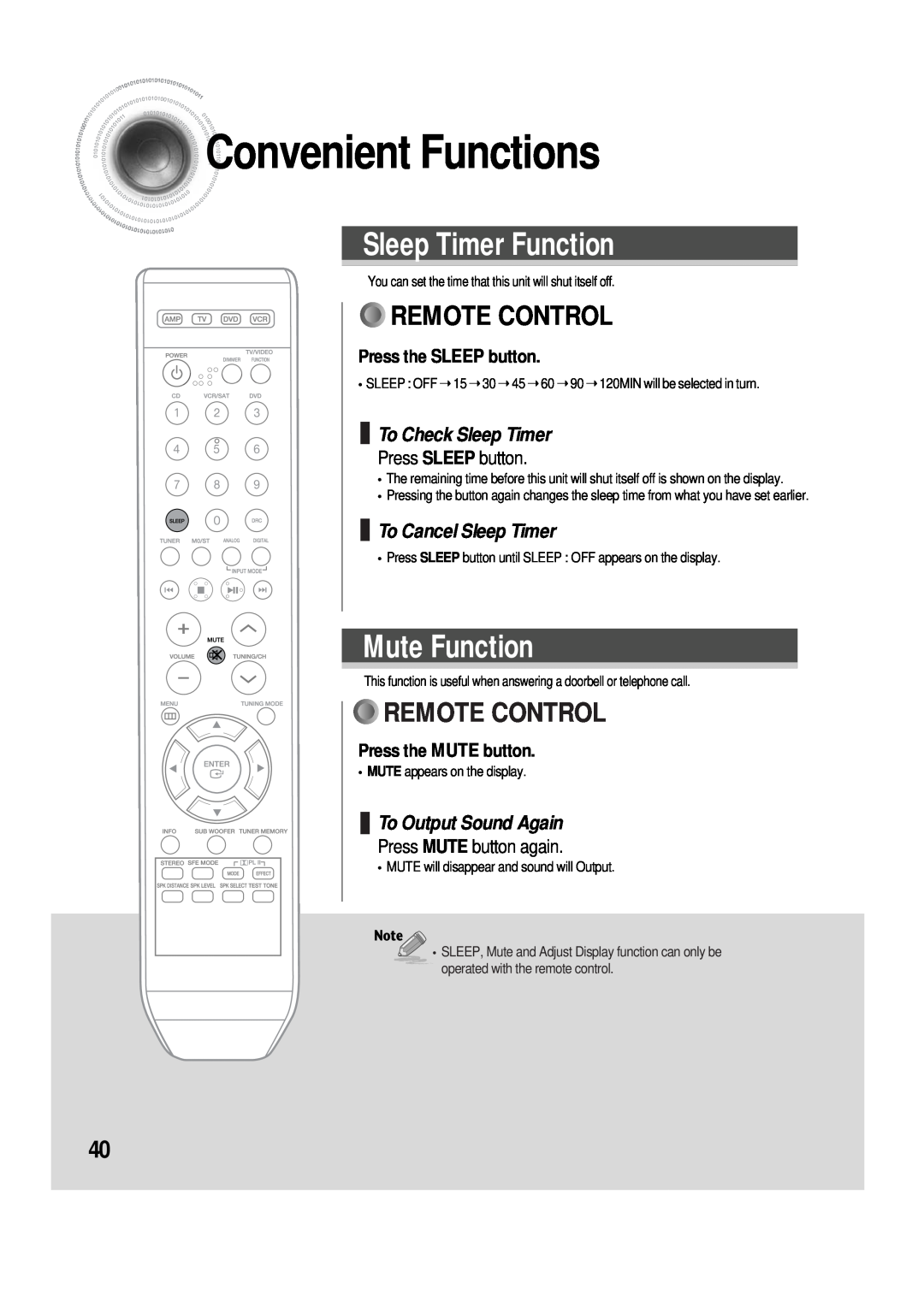 Samsung AV-R610 manual ConvenientFunctions, Sleep Timer Function, Mute Function, Remote Control, To Check Sleep Timer 