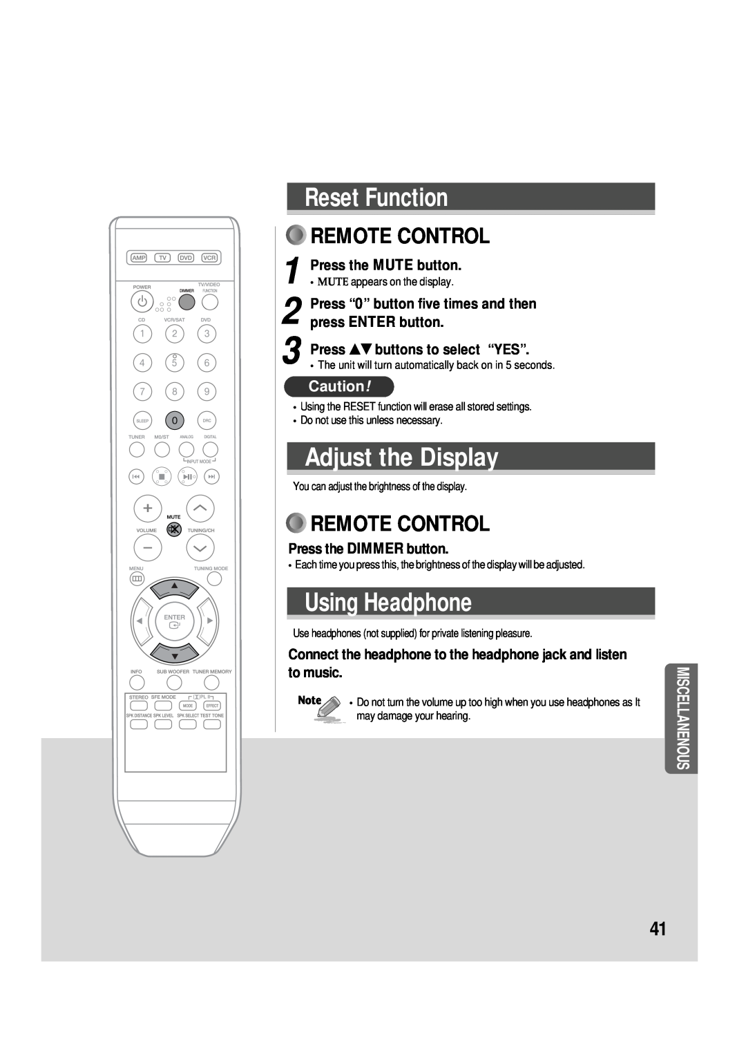 Samsung 20060510083254531 manual Reset Function, Adjust the Display, Using Headphone, Remote Control, Press the MUTE button 