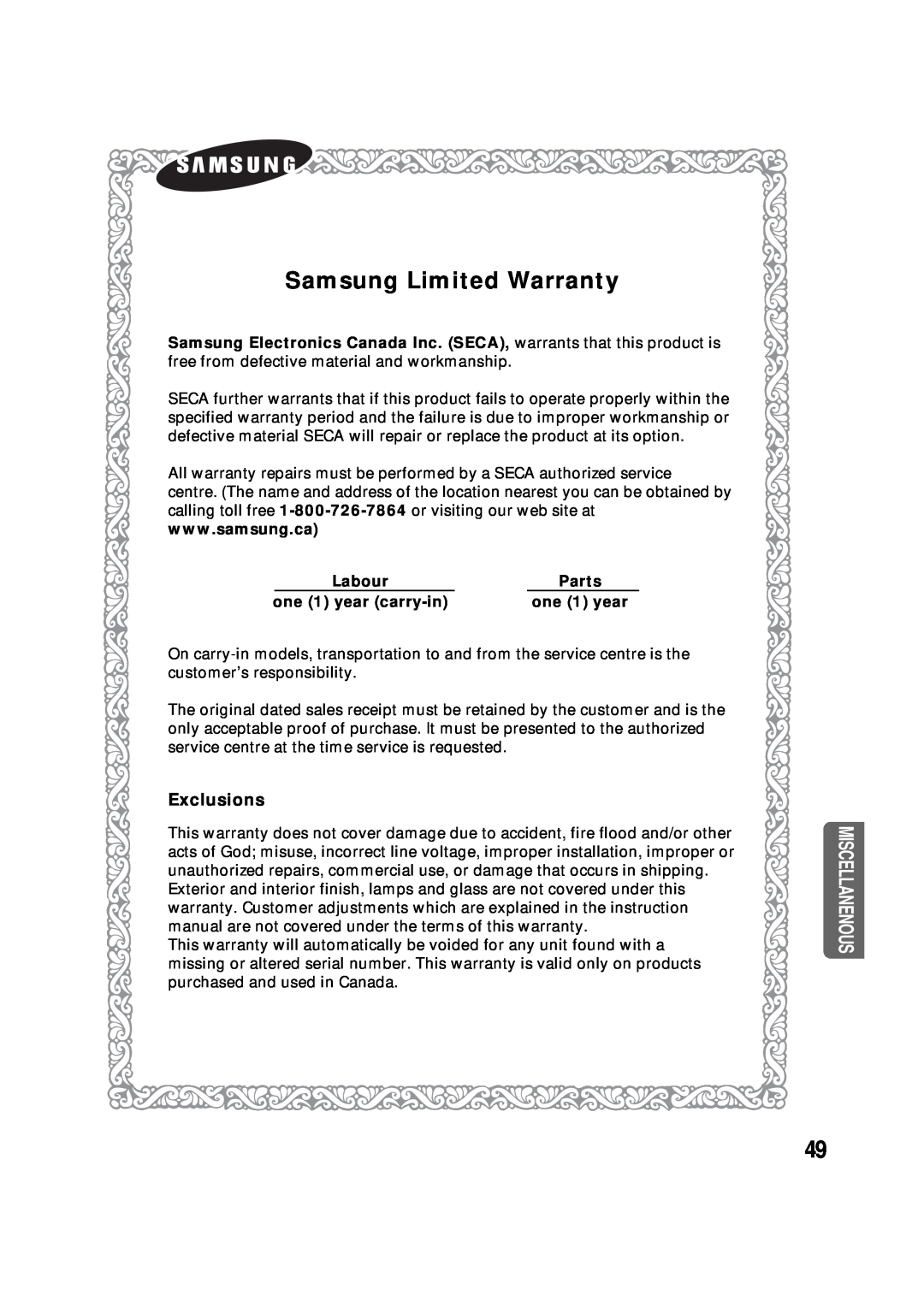 Samsung AV-R610, 20060510083254531, AH68-01853S Samsung Limited Warranty, Exclusions, Labour, Parts, one 1 year carry-in 