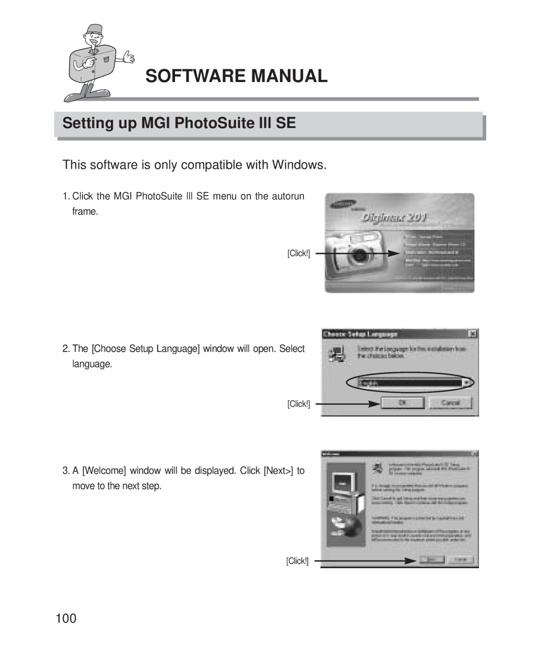 Samsung 201 manual Setting up MGI PhotoSuite lll SE, 100, Click the MGI PhotoSuite lll SE menu on the autorun frame 