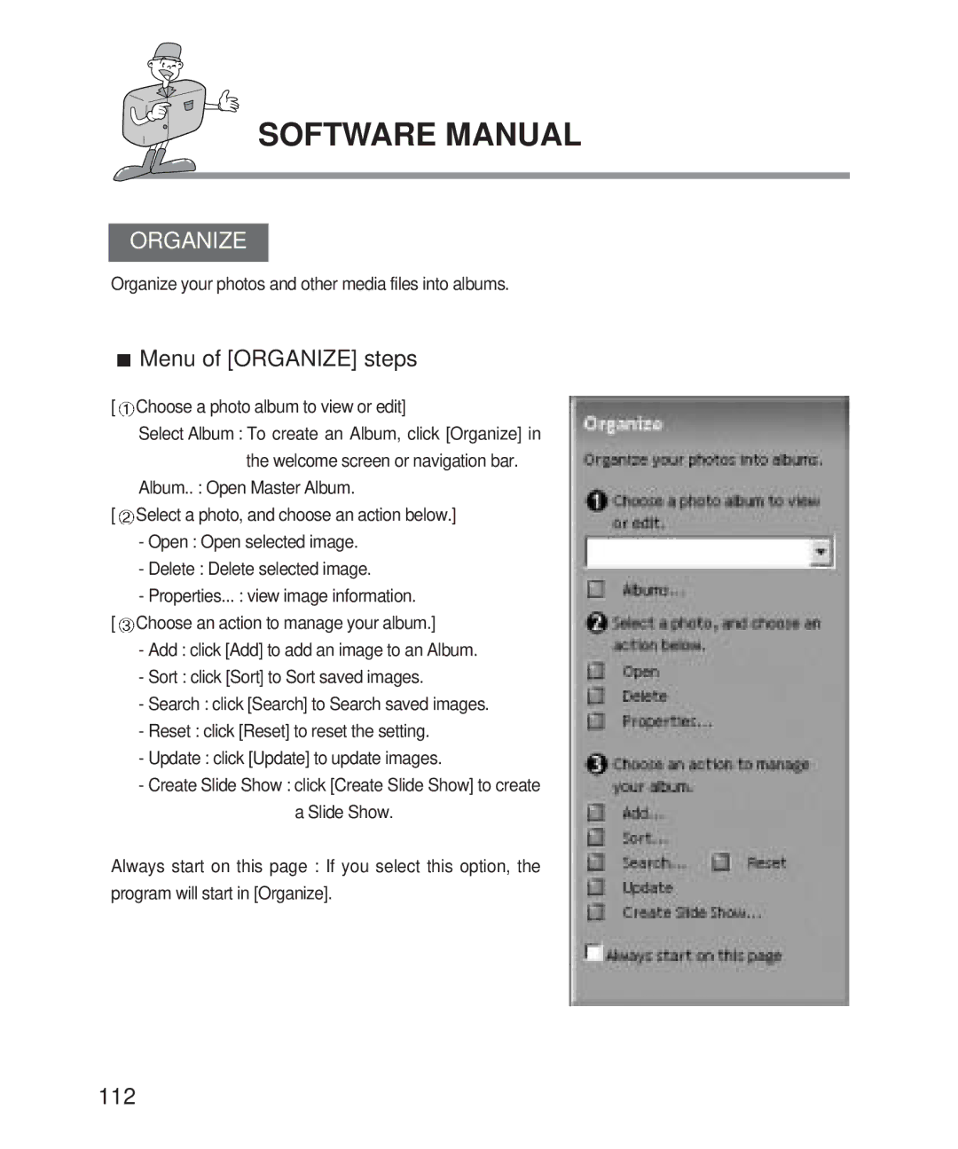 Samsung 201 manual Menu of Organize steps, 112, Choose a photo album to view or edit 