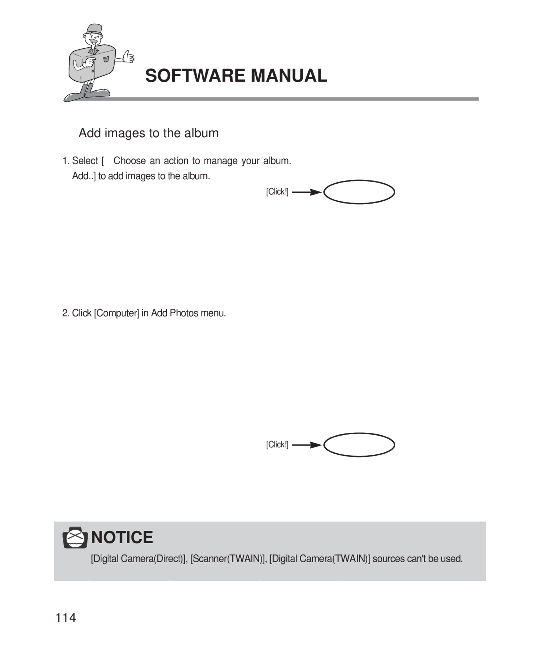 Samsung 201 manual Add images to the album, 114, Click Computer in Add Photos menu 