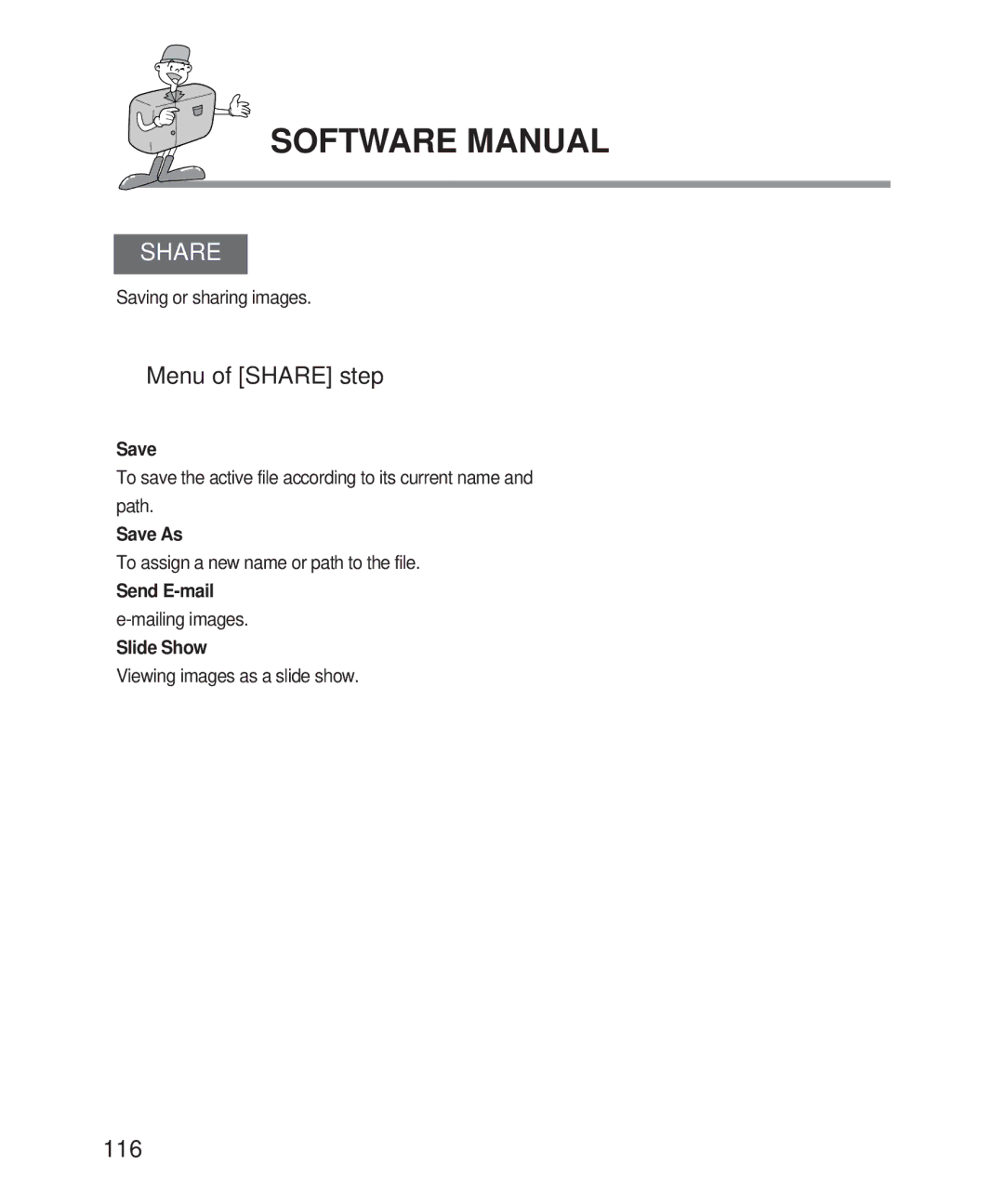 Samsung 201 manual Menu of Share step, 116 