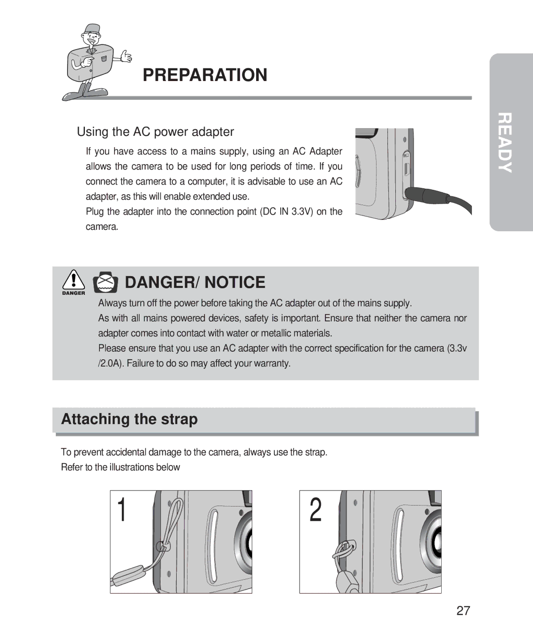 Samsung 201 manual Attaching the strap, Using the AC power adapter 