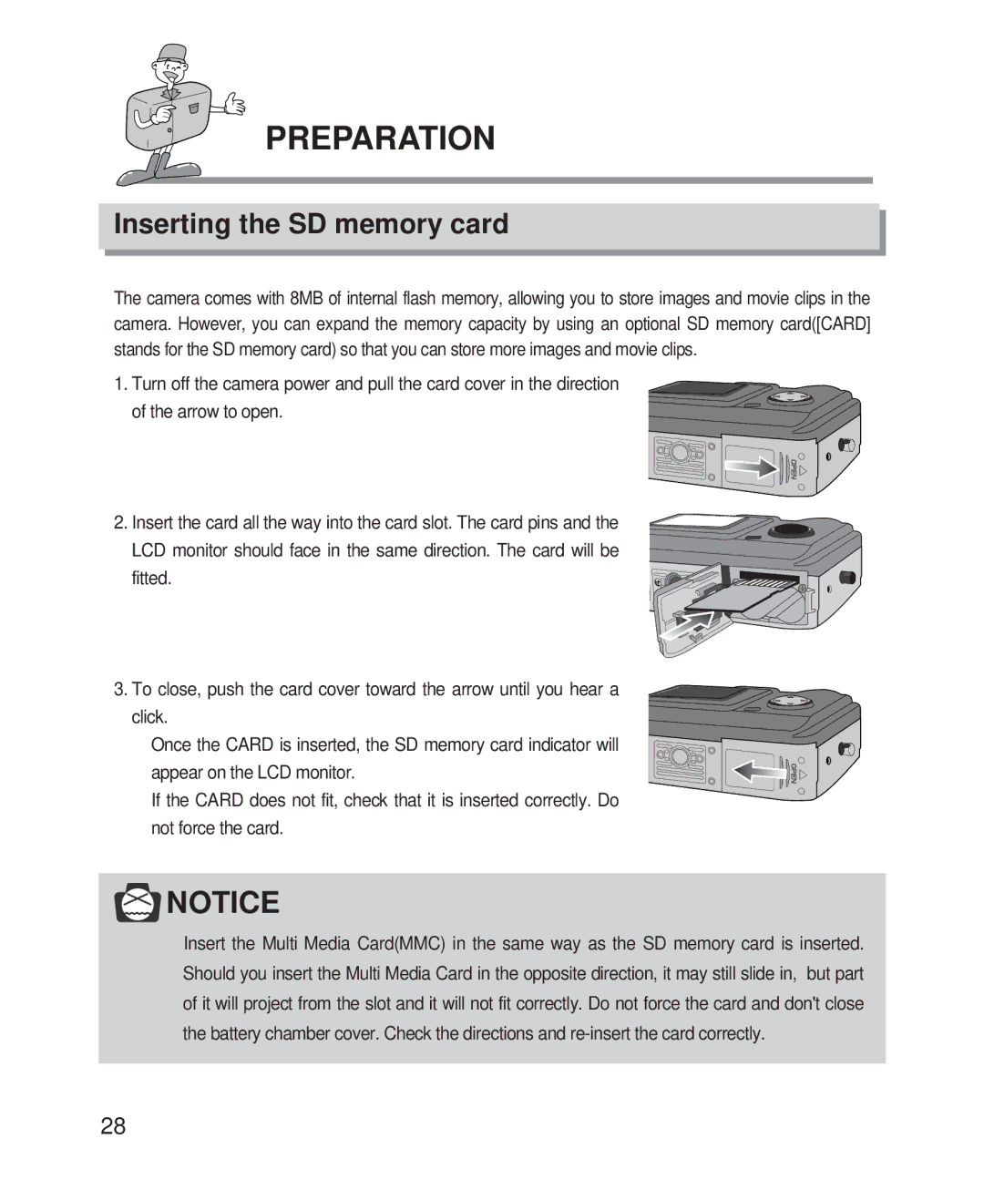 Samsung 201 manual Inserting the SD memory card 