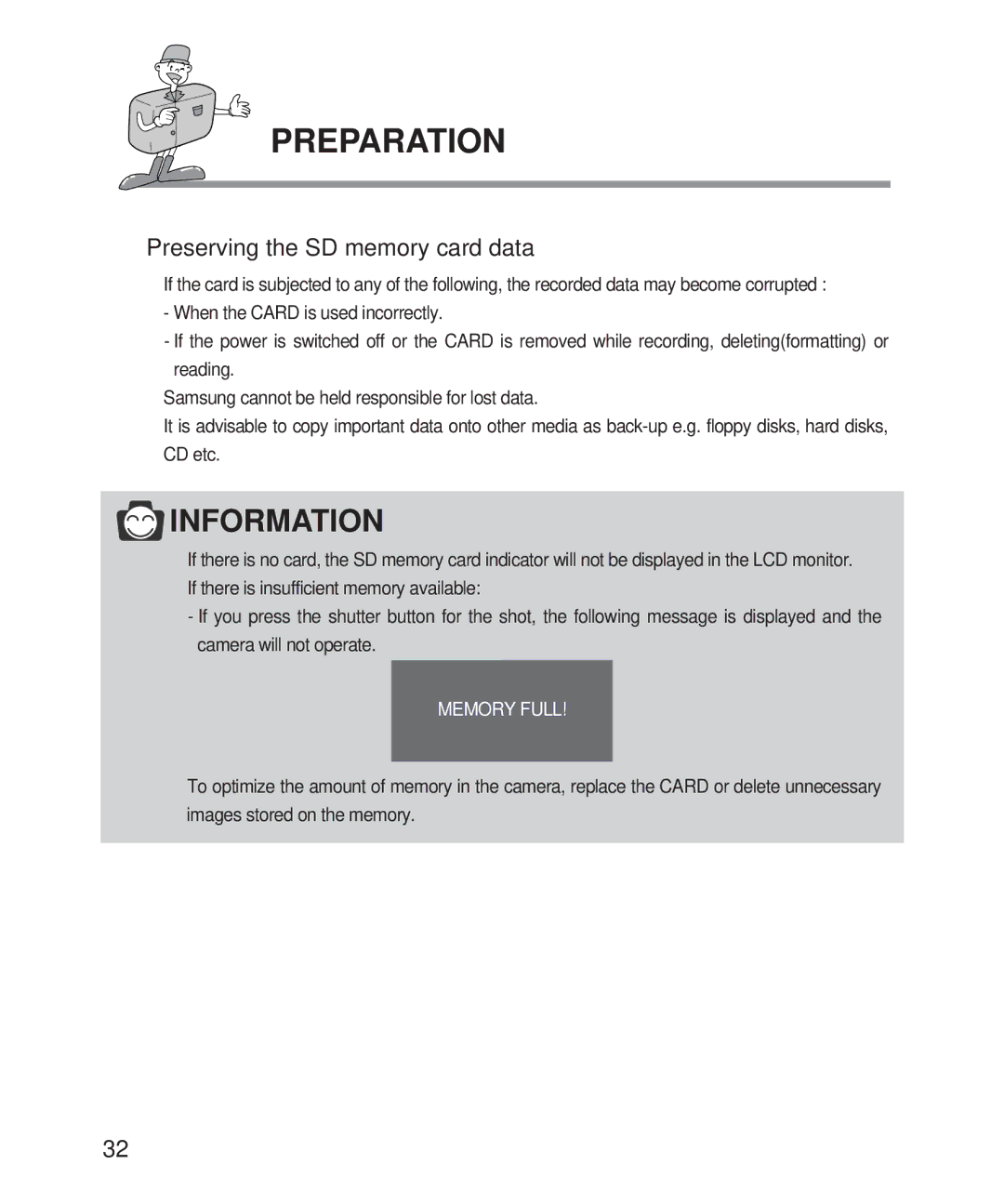 Samsung 201 manual Preserving the SD memory card data, Memory Full 