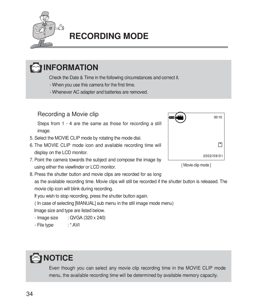 Samsung 201 manual Recording a Movie clip, File type AVI 