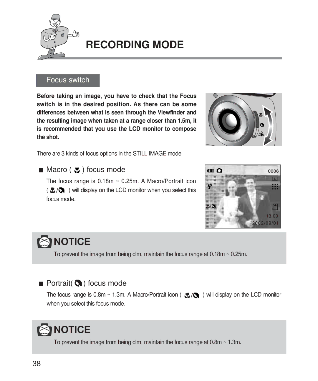 Samsung 201 manual Focus switch, Macro focus mode, Portrait focus mode 