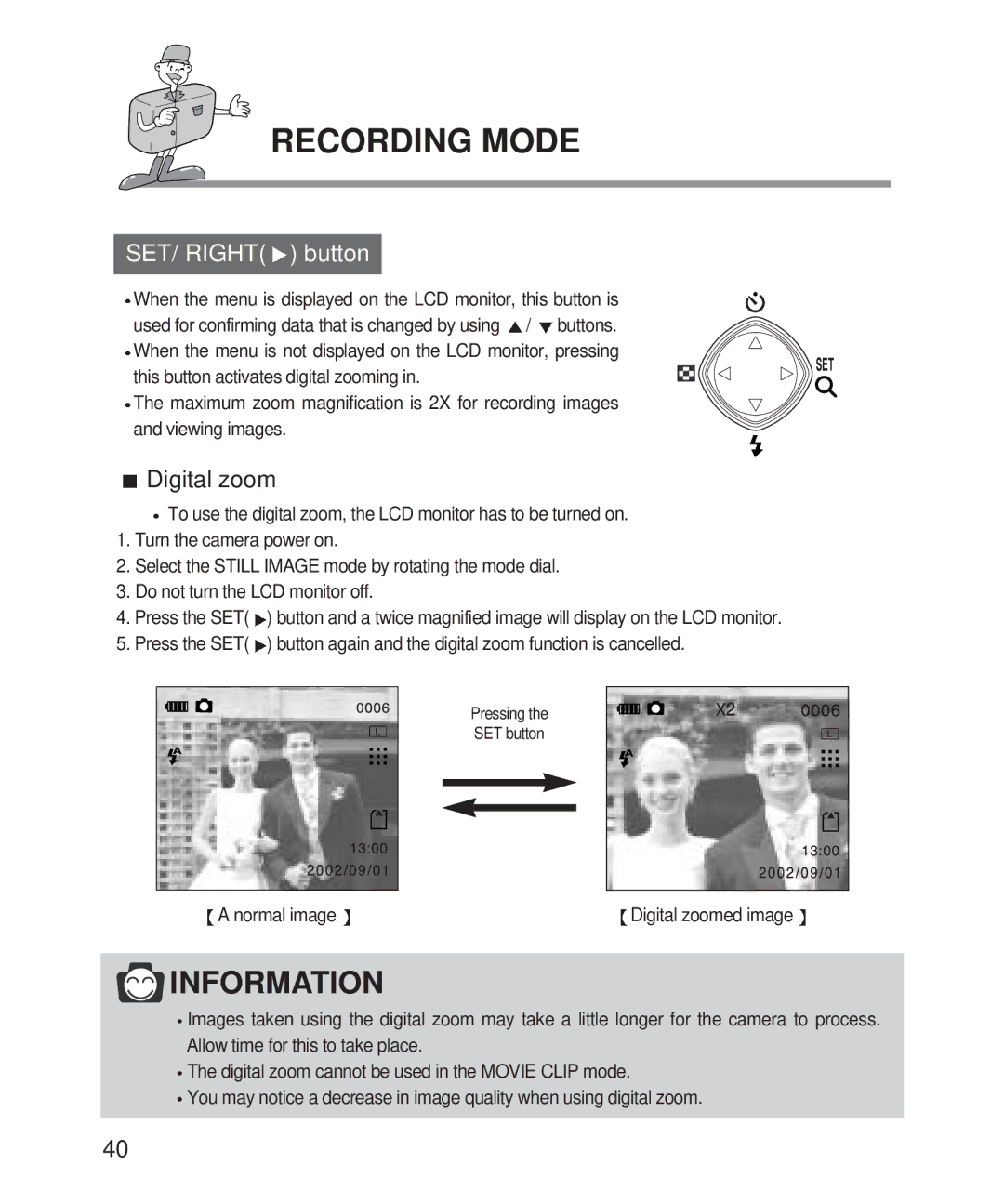 Samsung 201 manual SET/ Right button, Digital zoom, Normal image 