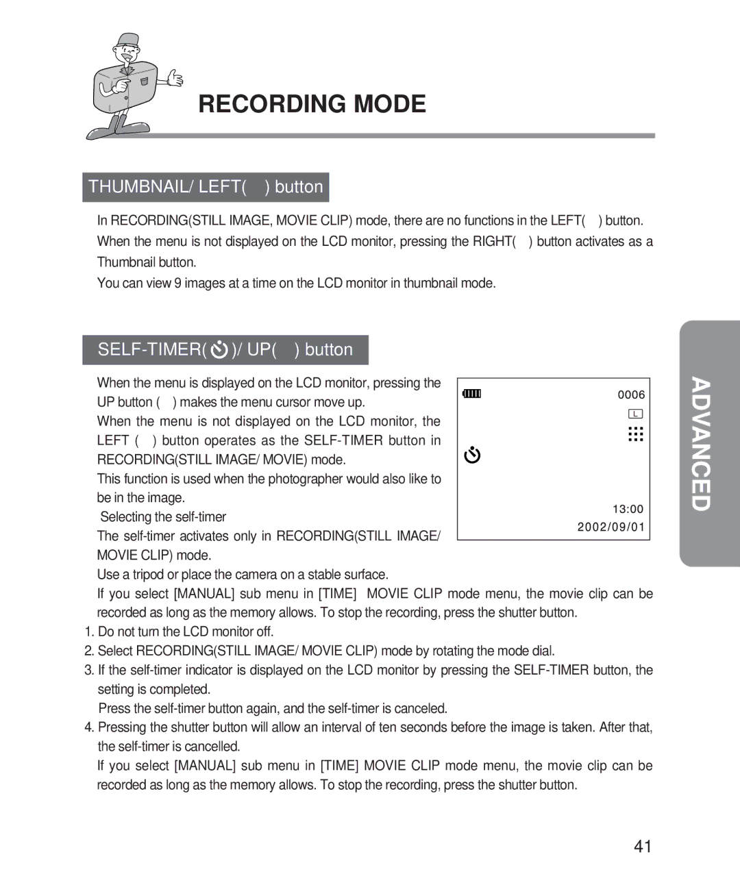 Samsung 201 manual THUMBNAIL/ Left button, SELF-TIMER / UP button 