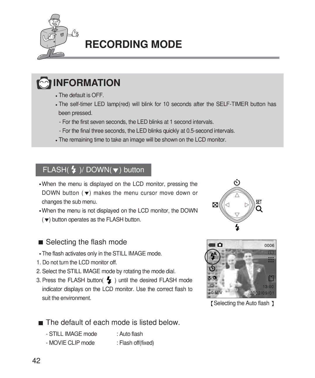 Samsung 201 manual Flash / Down button, Selecting the flash mode, Default of each mode is listed below 