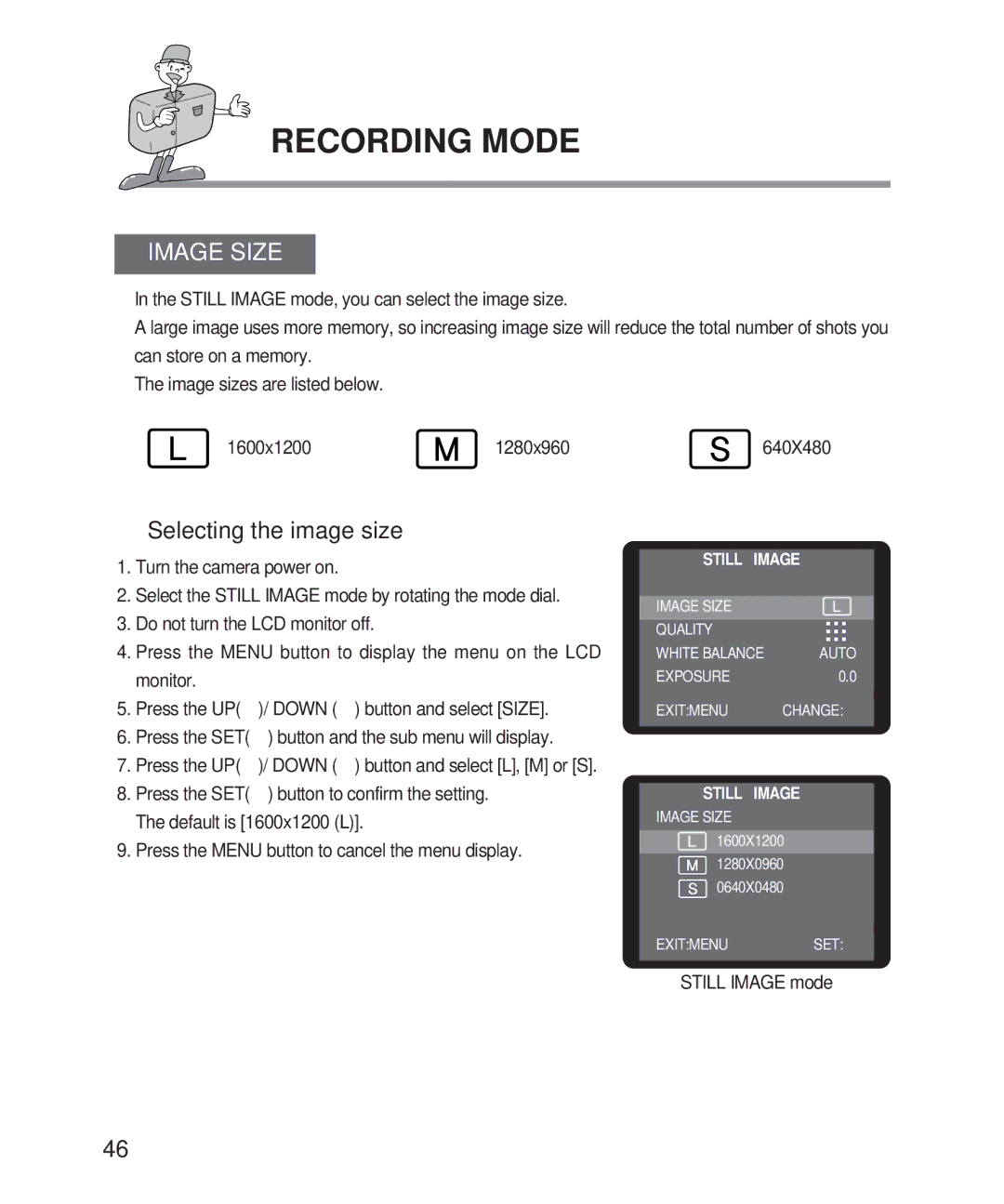 Samsung 201 manual Image Size, Selecting the image size 